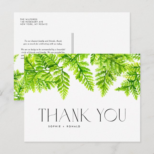 Chartreuse Green Ferns Wedding Thank You Postcard (Front/Back)