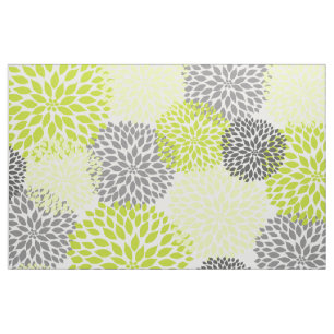 Chartreuse Green Grey Bold Large Dahlias design Fabric