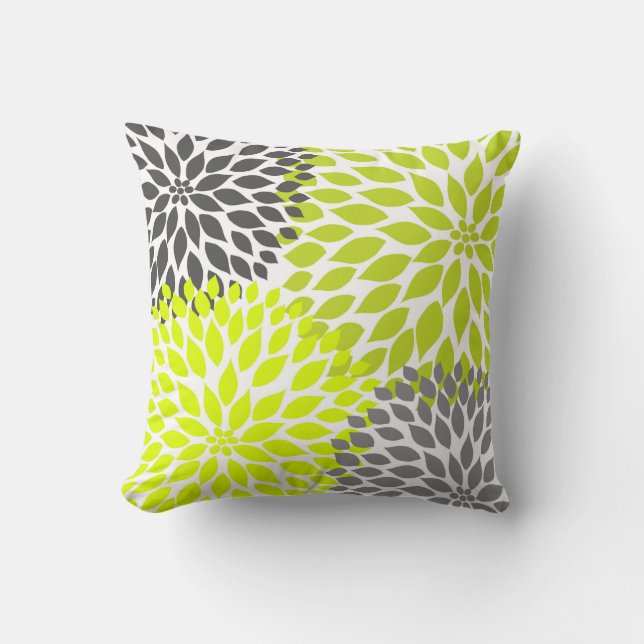 Chartreuse Green Grey Dahlia mod decor sofa pillow (Front)