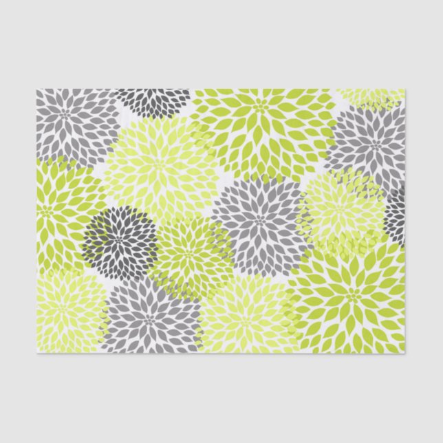 Chartreuse green grey dahlias mums floral tissue paper (Front)