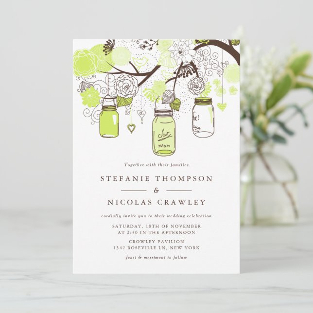 Chartreuse Green Hanging Mason Jars Wedding Invitation (Standing Front)