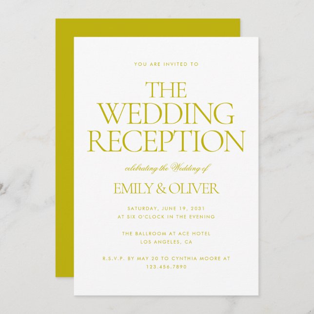 Chartreuse Green Modern Wedding Reception Party Invitation (Front/Back)