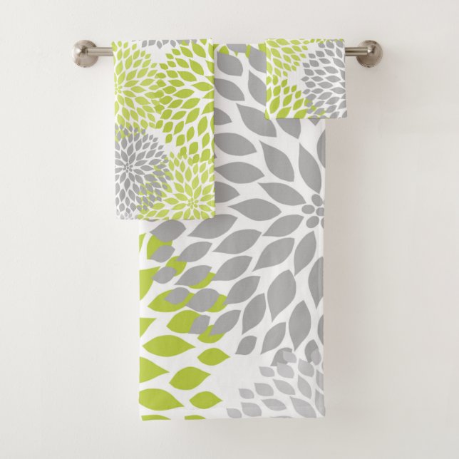 Chartreuse Grey dahlia floral bath decor Bath Towel Set (Insitu)
