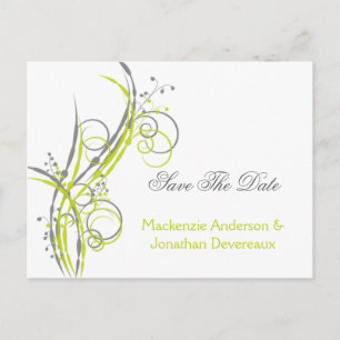 Chartreuse Grey Floral Swirls Save The Date Announcement Postcard