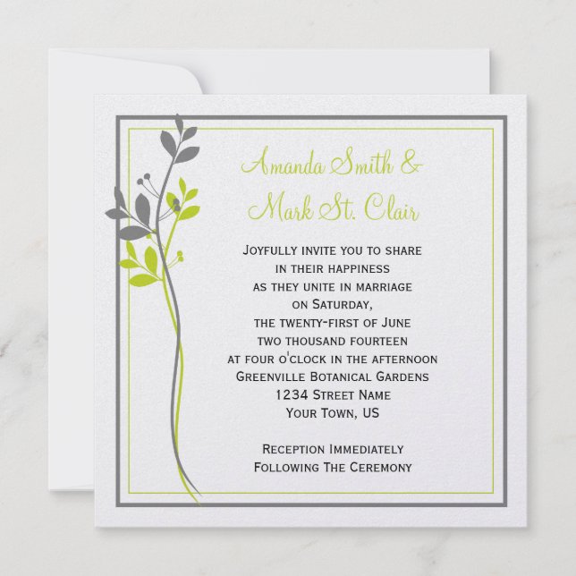 Chartreuse Grey Floral Swirls Wedding Invitation (Front)