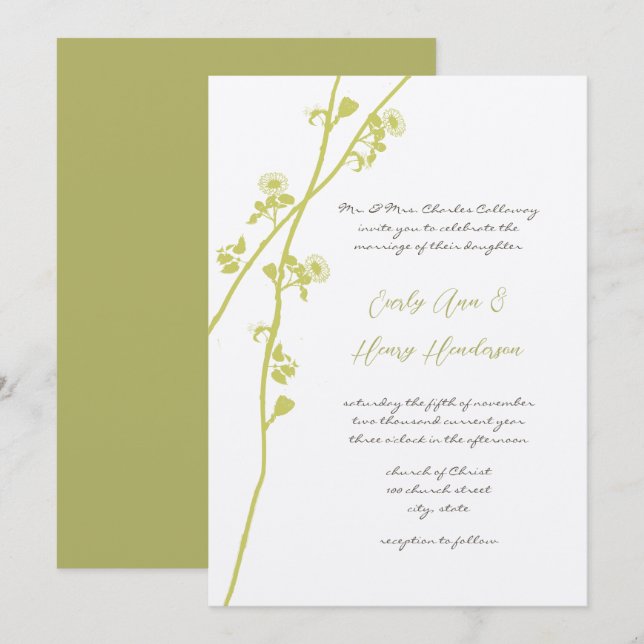 Chartreuse Lime Wildflower Branch Wedding  Invitation (Front/Back)