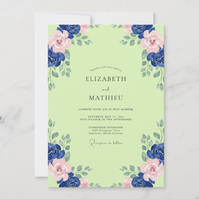 Chartreuse Navy Peony Wedding Invitation (Front)