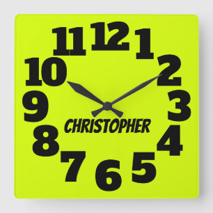 Chartreuse Neon Yellow-Green Big Numbers Square Wall Clock