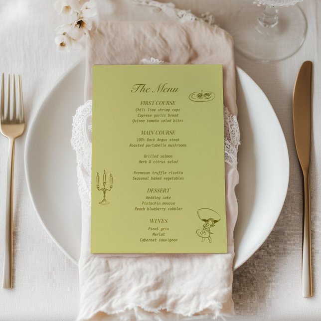 Chartreuse Olive Green Illustrated Wedding Menu (Creator Uploaded)