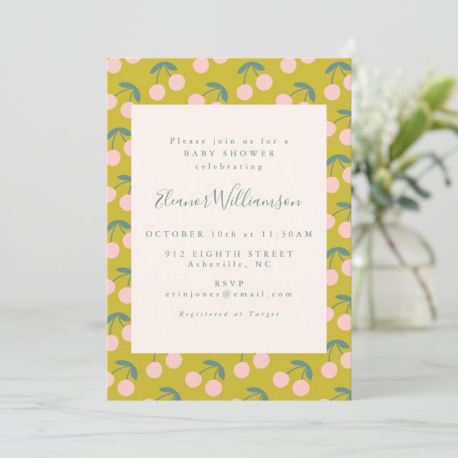 Chartreuse Pink Cherry Pattern Modern Baby Shower Invitation (Standing Front)