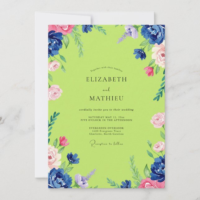 Chartreuse Pink Peony Wedding Invitation (Front)