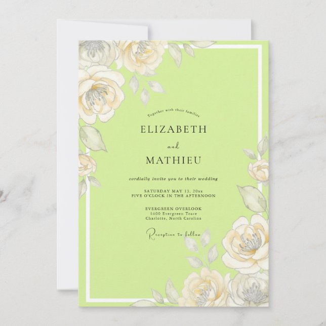 Chartreuse Rose Watercolor Wedding Invitation (Front)
