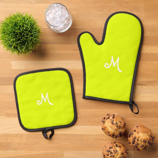 Chartreuse yellow -  monogrammed     oven mitt & pot holder set (Top Down)
