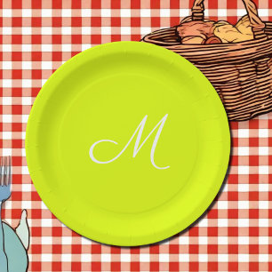 Chartreuse yellow -  monogrammed  paper plate