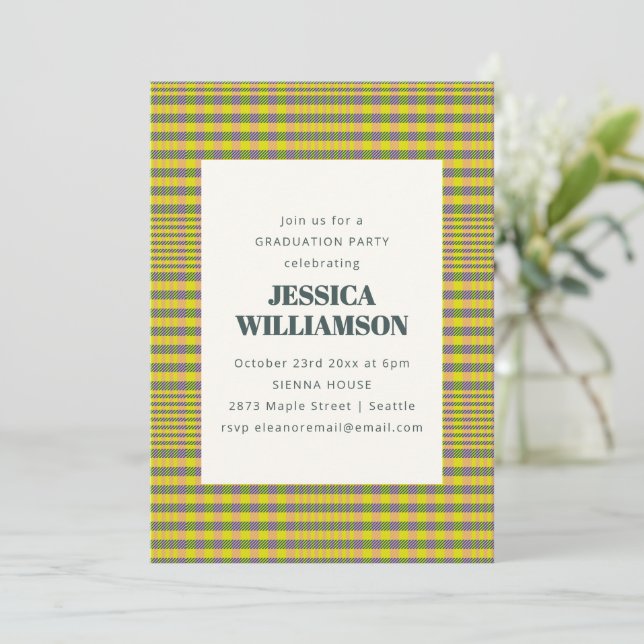 Chartreuse Yellow Preppy Plaid Graduation Party Invitation (Standing Front)