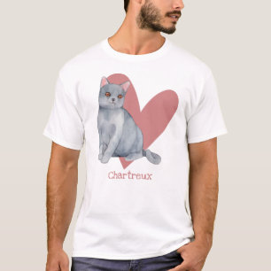 Chartreux Cat Watercolor Kitty Pink Heart T-Shirt