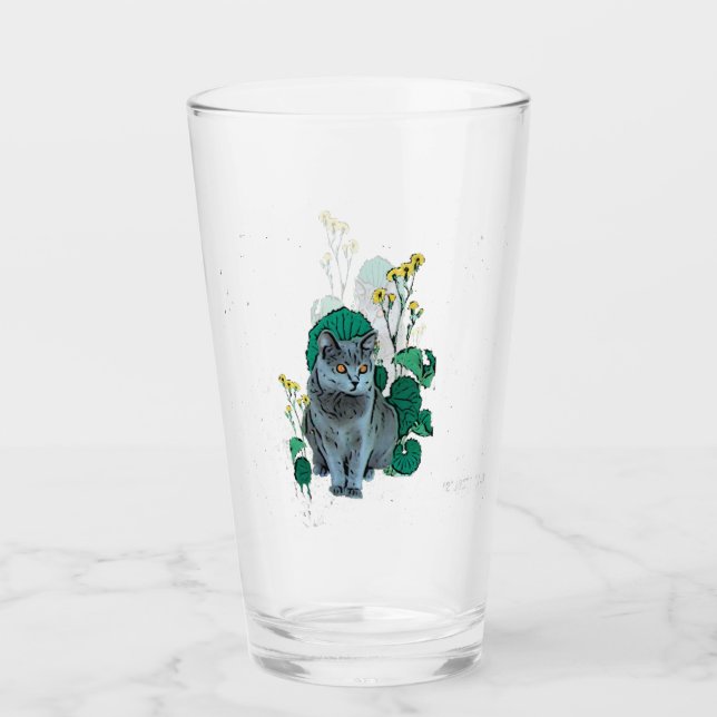 Chartreux Cat with Yellow Flower Glass (Front)
