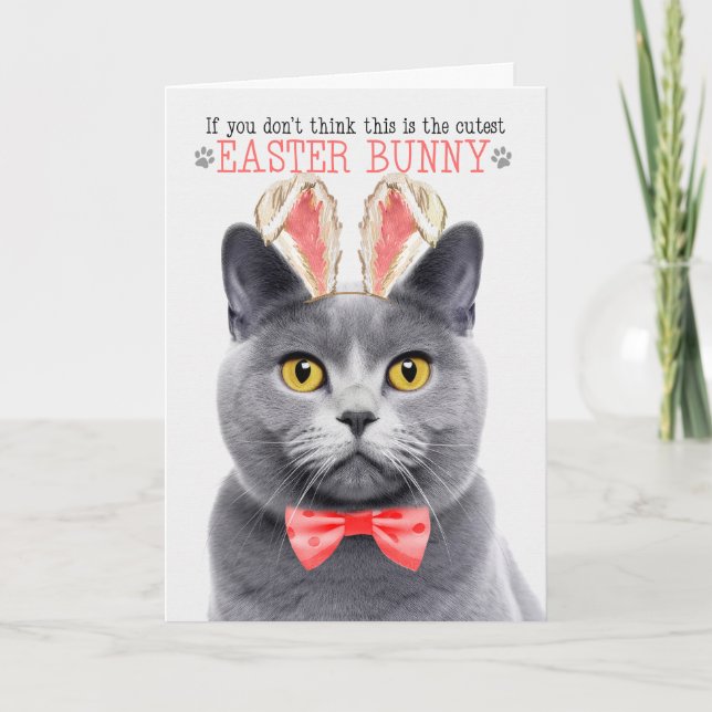 Chartreux Grey Cat in Bunny Ears for Easter Holiday Card (Front)