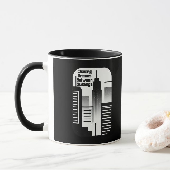 Chasing Dreams Between Buildings Urban Design Mug (With Donut)