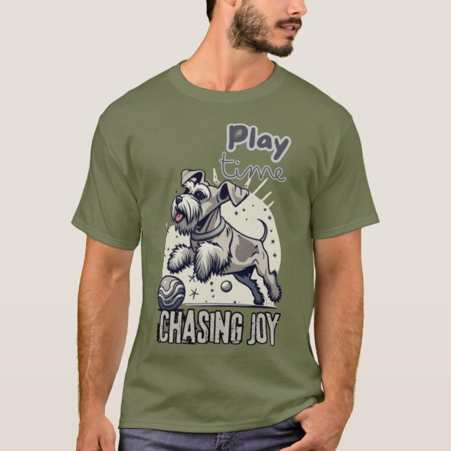 Chasing Joy: Happy Grey Pup in Motion T-Shirt (Front)