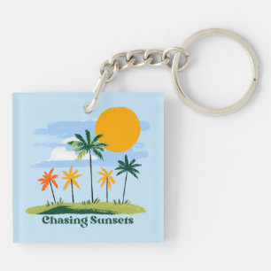 Chasing Sunsets Vintage Tropical Palm Trees Key Ring