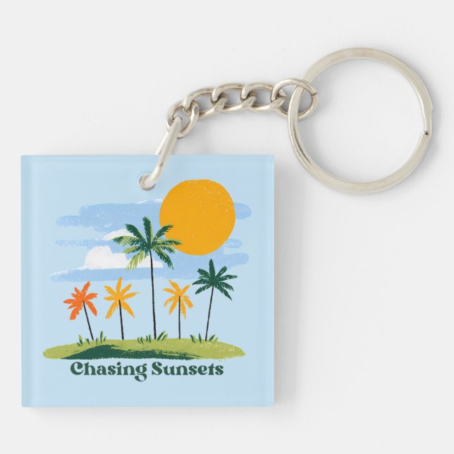 Chasing Sunsets Vintage Tropical Palm Trees  Key Ring (Back)
