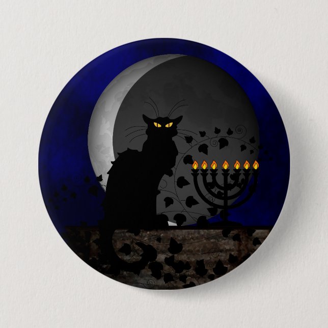 Chat Noir Chanukah with Menorah 7.5 Cm Round Badge (Front)