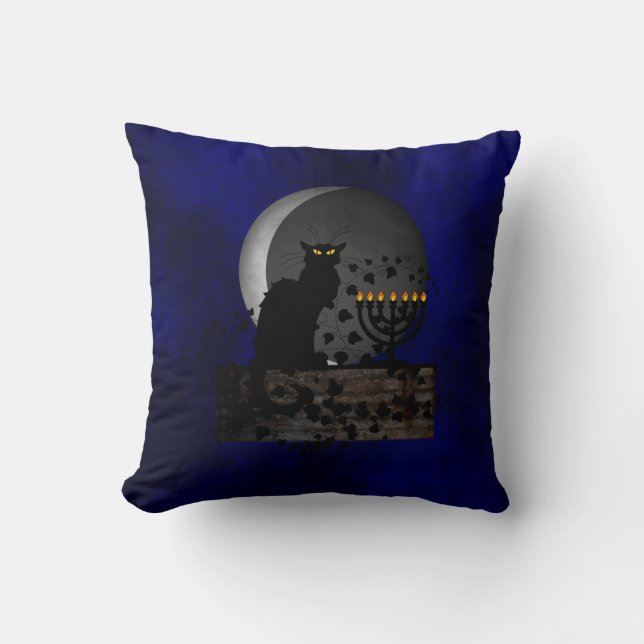 Chat Noir Chanukah with Menorah Cushion (Front)