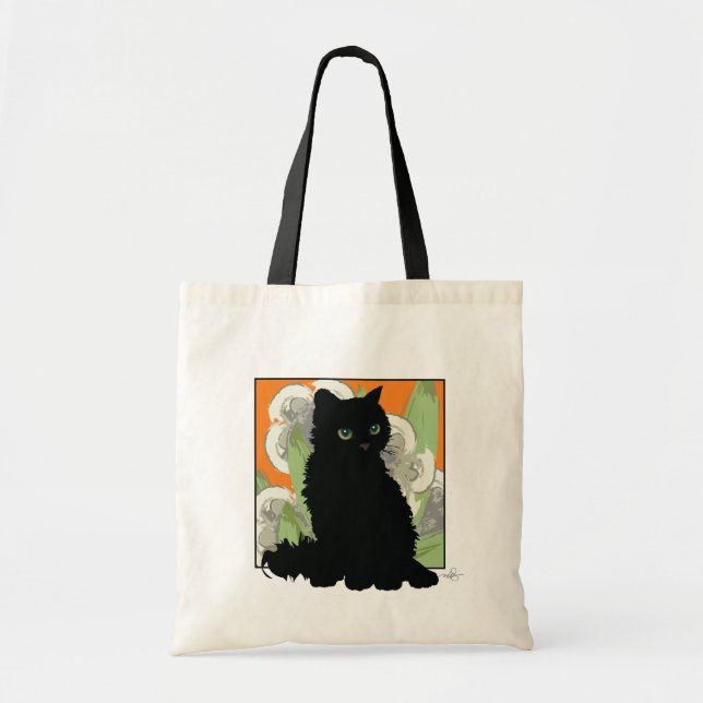 Chat Noir et Fleurs Blanches de Printemps Tote Bag (Front)