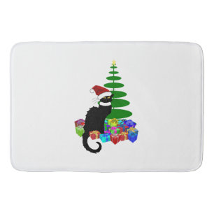 Chat Noir With Christmas Tree and Gifts Bath Mat