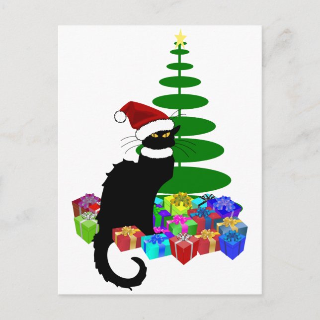 Chat Noir With Christmas Tree and Gifts Holiday Postcard (Front)