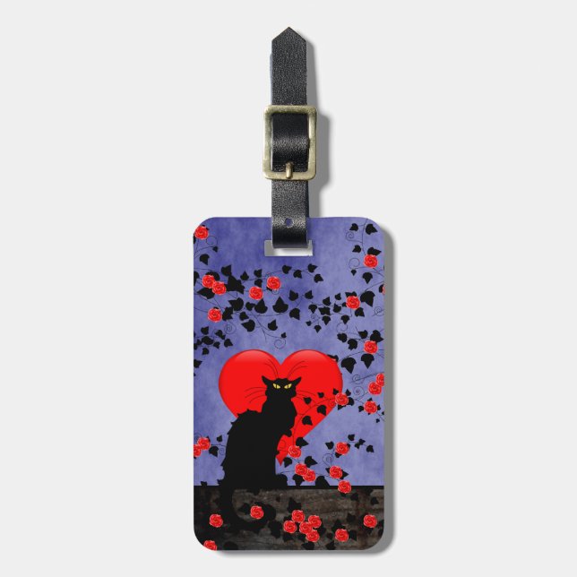 Chat Noir with Red Roses Heart Luggage Tag (Front Vertical)