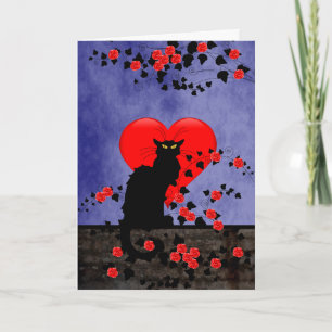 Chat Noir with Red Roses Holiday Card