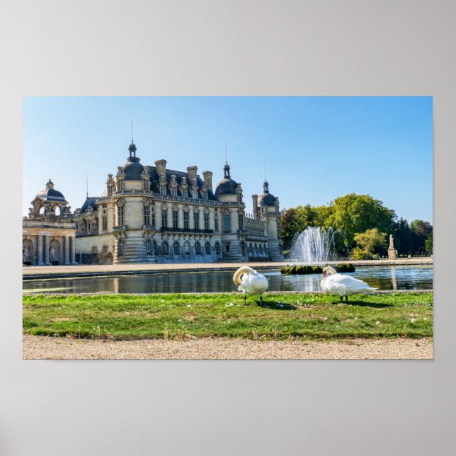 Chateau de Chantilly, fountain and two swans Poster (Front)