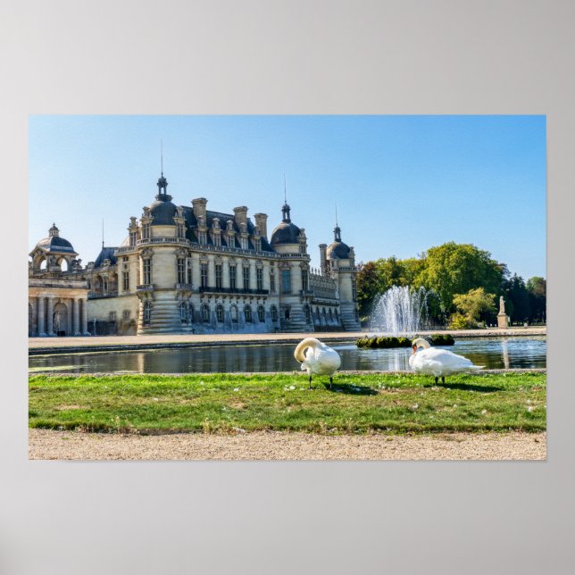 Chateau de Chantilly, fountain and two swans Poster (Front)
