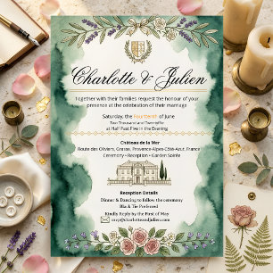 Chateau France Green Watercolor Wedding Invitation