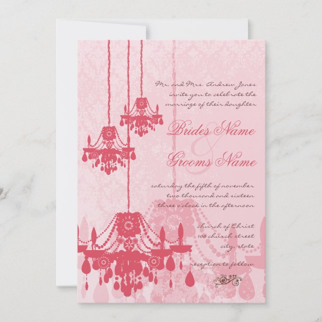 Chateau Rose Pink Chandelier Wedding Invitations (Front)