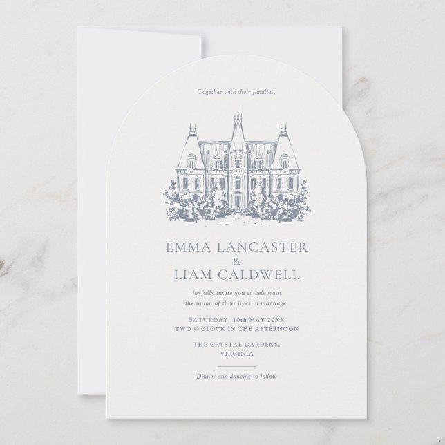 Chateau Venue Sketch Minimalist Arch Style Wedding Invitation (Front)