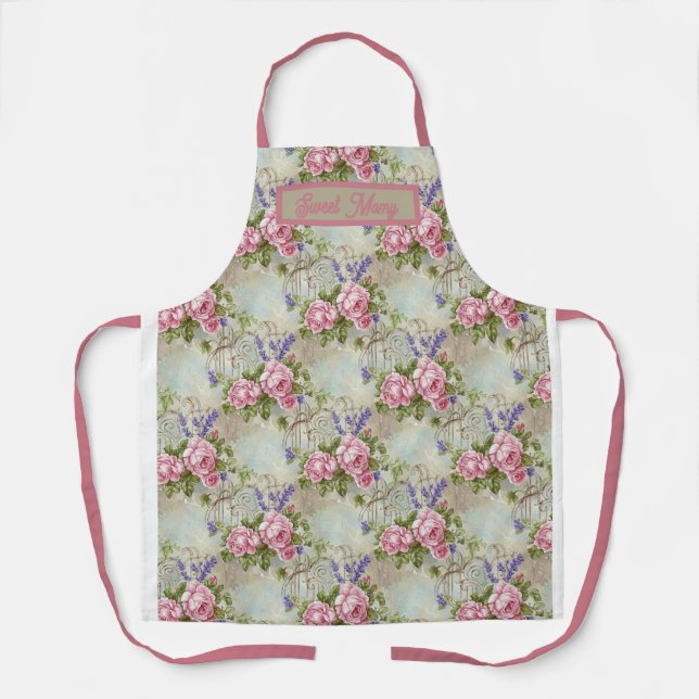 ChateauCore Pink Rose and Lavender Shabby Chic Apron (Front)
