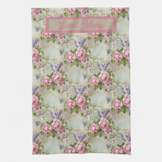 ChateauCore Pink Rose and Lavender Shabby Chic Tea Towel (Vertical)