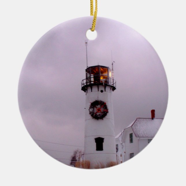 Chatham Lighthouse in the Snow Ceramic Tree Decoration (Front)