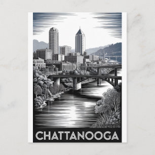 Chattanooga Tennessee Skyline Black White Woodcut Postcard
