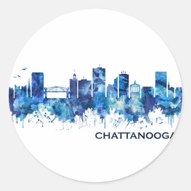 Chattanooga Tennessee Skyline Blue Classic Round Sticker (Front)