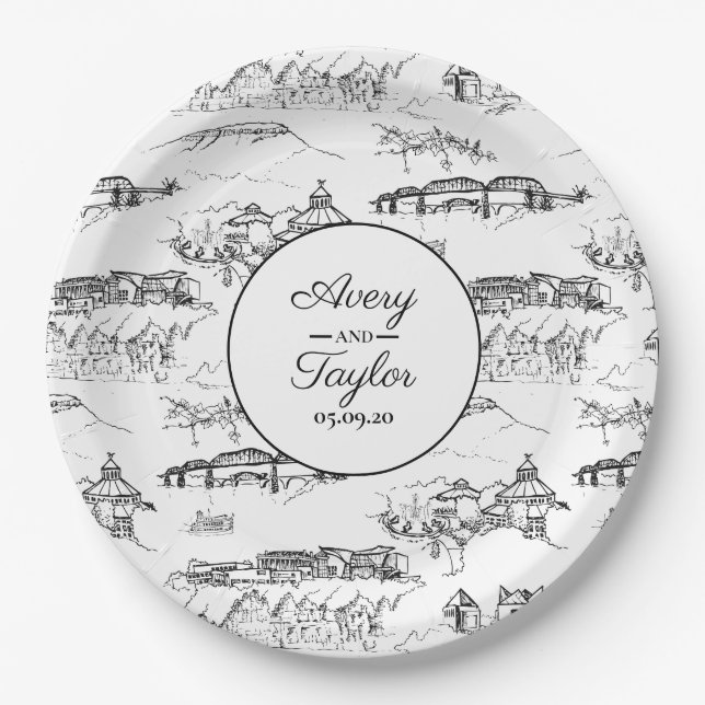Chattanooga Toile Black and White Bridal Shower Paper Plate (Front)