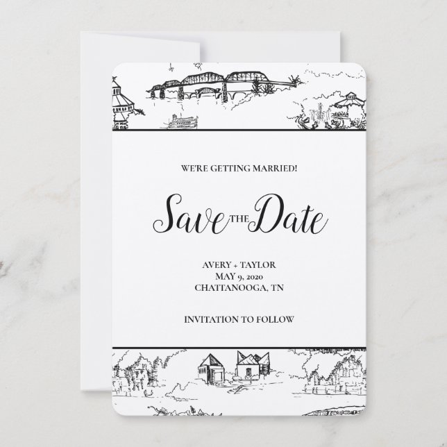 Chattanooga Toile Black and White Save the Date (Front)