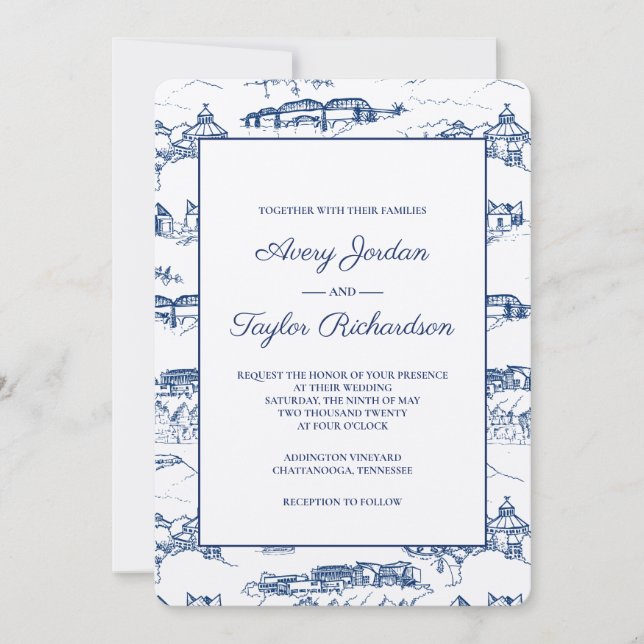 Chattanooga Toile Navy and White Invitation (Front)