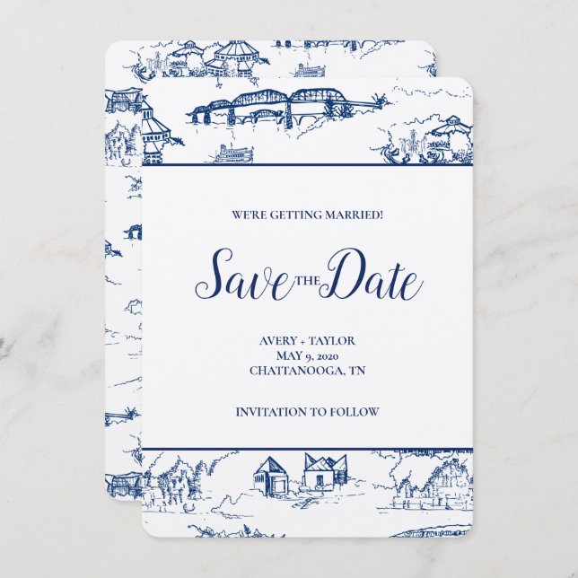 Chattanooga Toile Navy and White Save the Date (Front/Back)