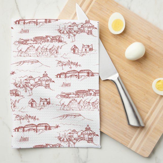 Chattanooga Toile Red and White Tea Towel (Quarter Fold)