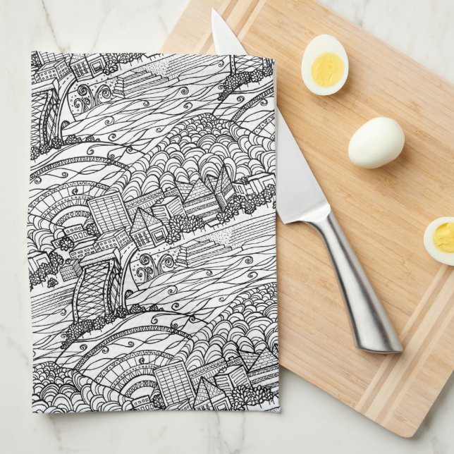 Chattanooga Whimsy Black and White Tea Towel (Quarter Fold)
