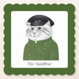 CHAUFFER CAT Scalloped Square Paper Coaster + Text